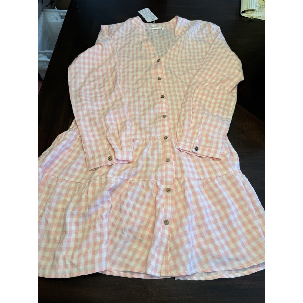 Women's Gingham Long Sleeve Button Down Casual Flowy Swing Dress  Temofon XL NWT